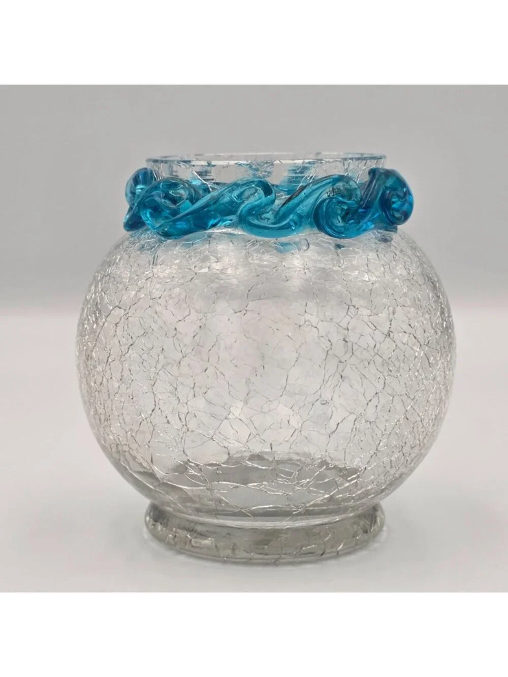 Hand-Blown Crackle Glass Small Vase Blue Swirl Rim 4